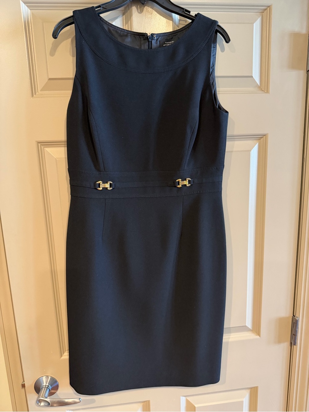Sleeveless Black Midi Sheath Dress with Gold Accents